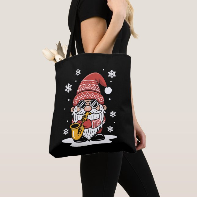 Jul Tomte Saxofon Solglasögon Snöflinga Tygkasse (Närbild)