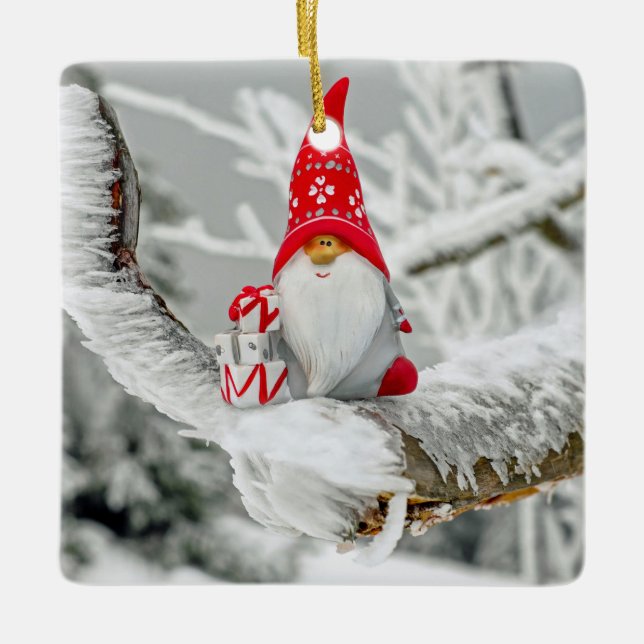 Jul Tomte Snöiga Träd Keramik Ornament (Framsida)