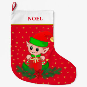 Jul tomte, stjärnor, julstjärna och tall på röd stor julstrumpa