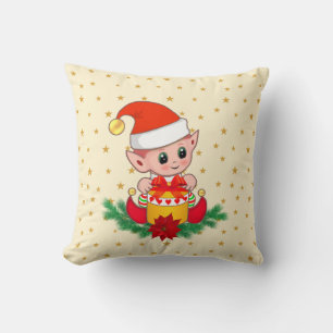 Jul tomte, tall, julstjärna & stjärnor på elfenben kudde
