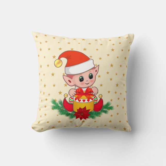Jul tomte, tall, julstjärna & stjärnor på elfenben kudde (Framsida)