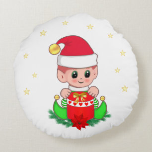Jul tomte, tall, julstjärna & stjärnor rund kudde