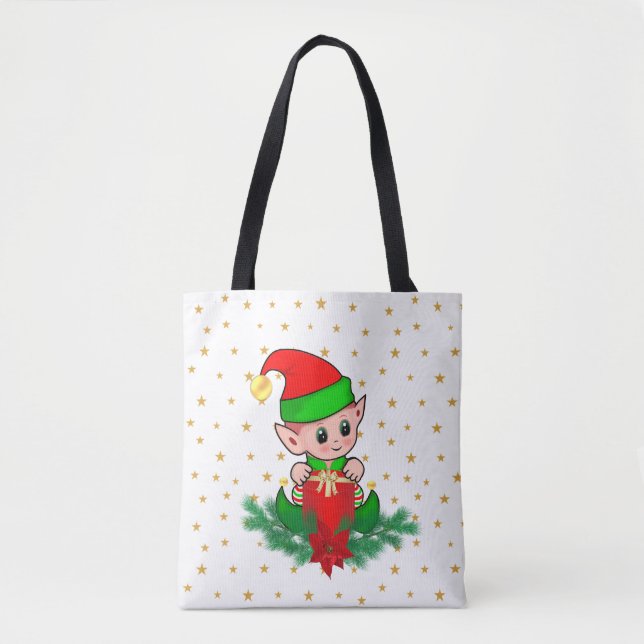 Jul tomte, tall, julstjärna & stjärnor tygkasse (Framsida)