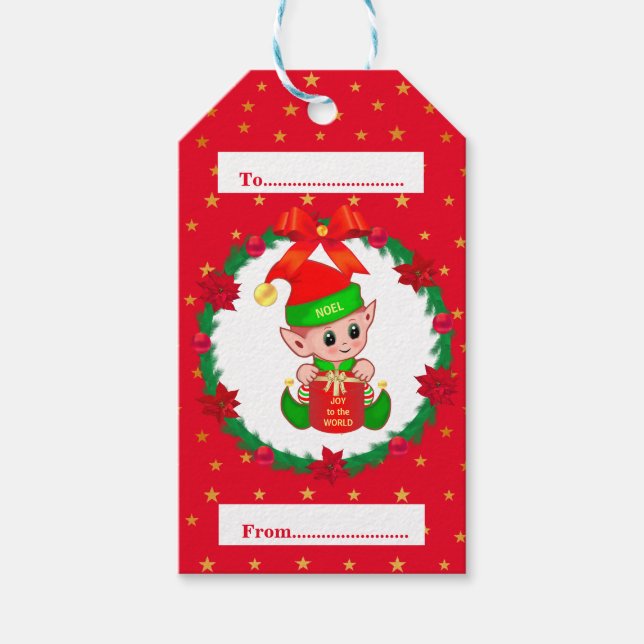 Jul tomte, tallkrans, julstjärnor & stjärnor presentetikett (Framsidan)