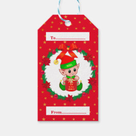 Jul tomte, tallkrona, julstjärna & stjärnor presentetikett
