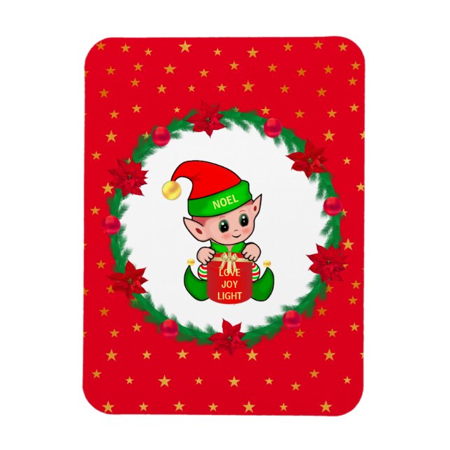 Jul tomte, tallkrona, julstjärnor & stjärnor magnet (Vertikal)