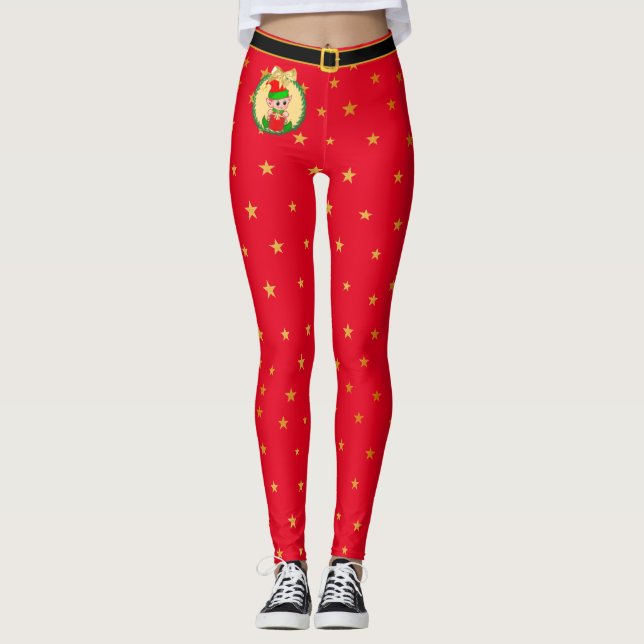 Jul tomte, tallkrona & stjärnor på röd leggings (Framsida)