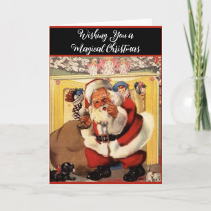 Jul tomte vid öppen spis med valpar Vintage Retro Kort