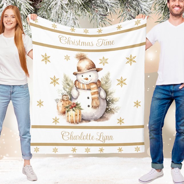 Jul Tomtefilt Med Namn Guld Fleecefilt (Christmas Snowman Blanket With Name Gold)