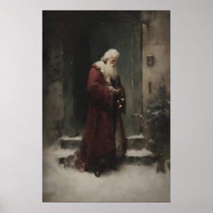 Jul tomten Sankte Nikolaus nära dörren i snöfall Poster