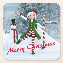Jul Toon Girl i en vinterskog Underlägg Papper Kvadrat