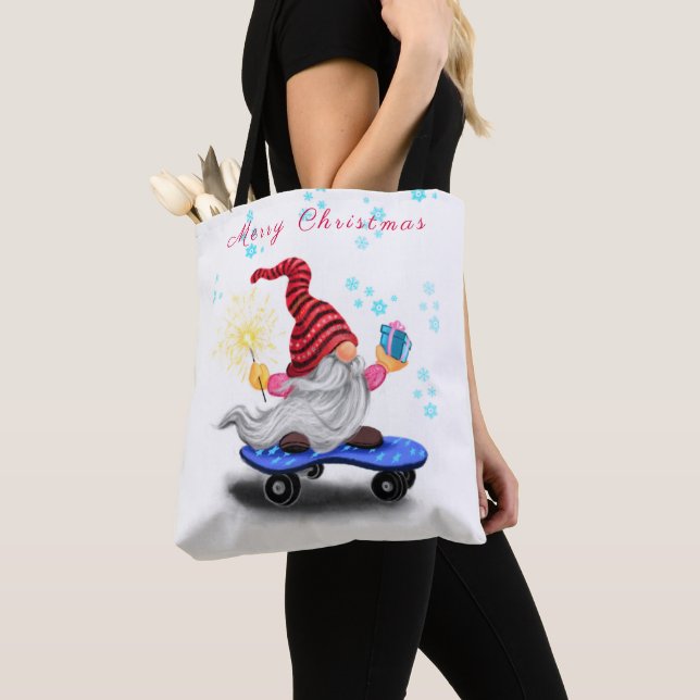 Jul Tote Bag Skater Gnome med gåvor Tygkasse (Närbild)
