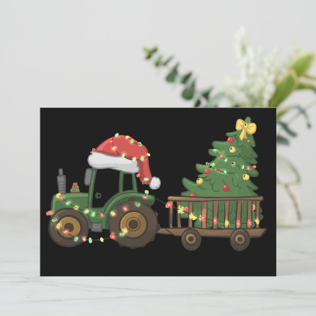 Jul Traktor Med Trädbonde Gård Julkort (Stående Fram)