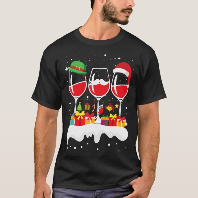 Jul, tre glas Red Vin Julafton Santa ELF T Shirt (Framsida)