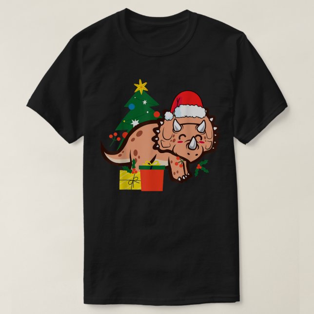 Jul Triceratops Dinosaur Cute Helgdag Santa T Shirt (Design framsida)
