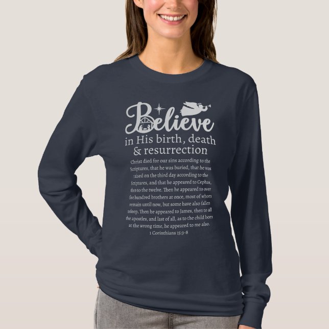 Jul Tro Jesus Nativitets blå Långärmad T Shirt (Framsida)