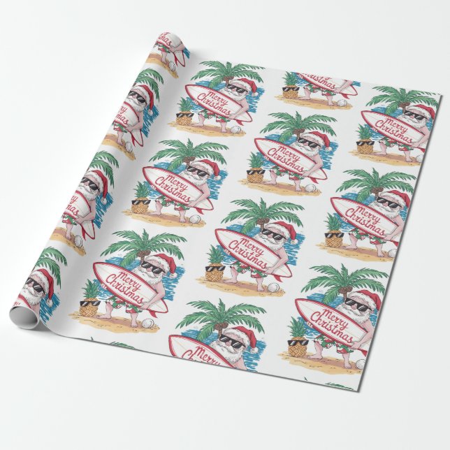 Jul Tropical Handflatan Träd-stranden Surfing Sant Presentpapper (Utrullad)