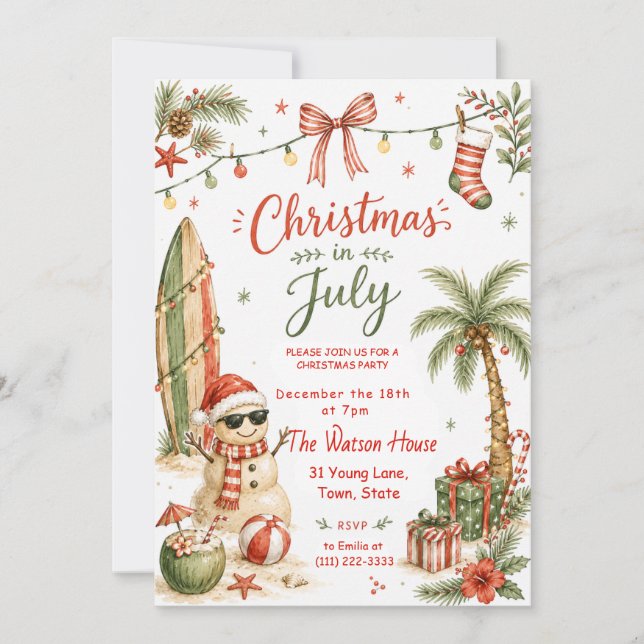 Jul Tropical Tomte Strand Semester Sommar Inbjudningar (Framsida)