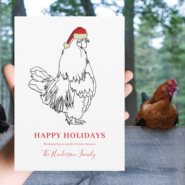 Jul Tupp Simple Teckning Julkort (Christmas rooster wearing Santa hat simple farm chicken line art drawing custom happy holidays card)
