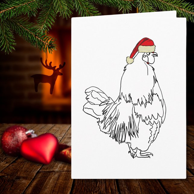 Jul Tupp Teckning Funny Santa Cockerel Art Kort (Christmas rooster wearing a Santa hat simple chicken drawing holiday greetings card)