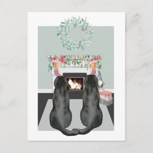 Jul två Black Labrador Hundar Fireplace Scene Helg Vykort