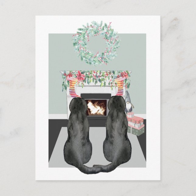 Jul två Black Labrador Hundar Fireplace Scene Helg Vykort (Framsida)