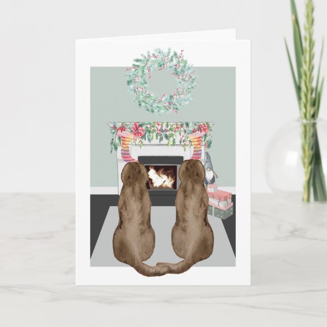 Jul två chokladlabradorer eldstads scen helgkort (Framsida)