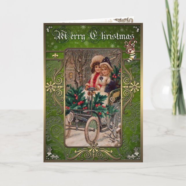 Jul - Två flickor i bilen på vintern. Helgkort (Framsida)