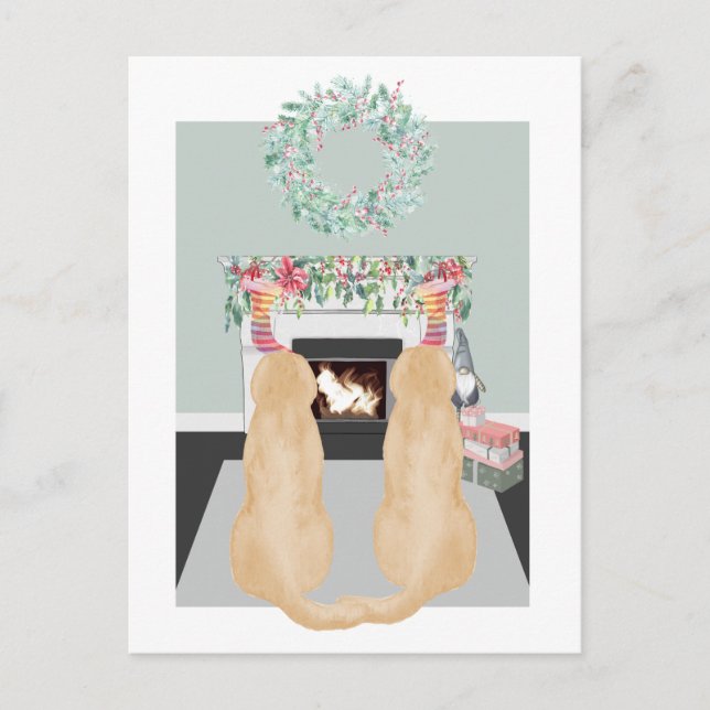 Jul två Gulter Labrador Hundar Fireplace Scene Helg Vykort (Framsida)