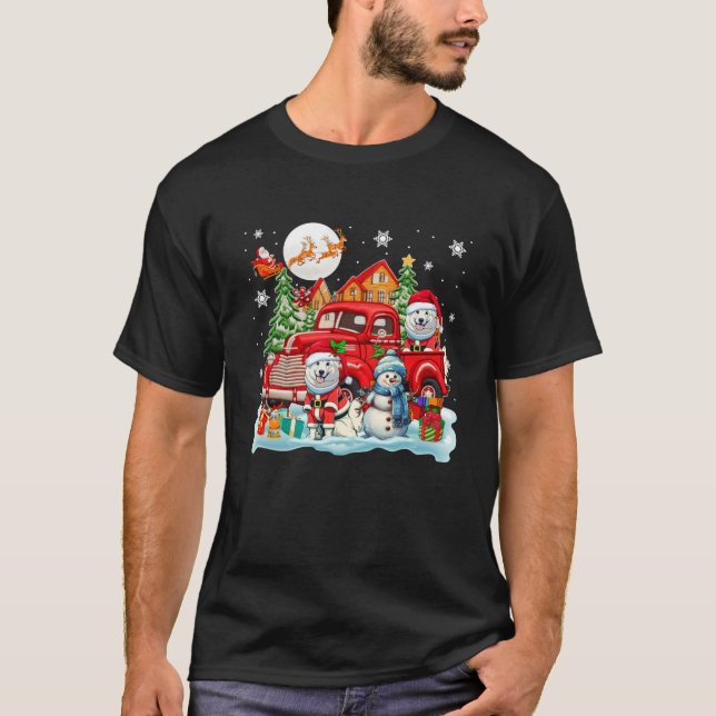 Jul två Santa Samoyeds på Pickupa Lastbil Snowm T Shirt (Framsida)