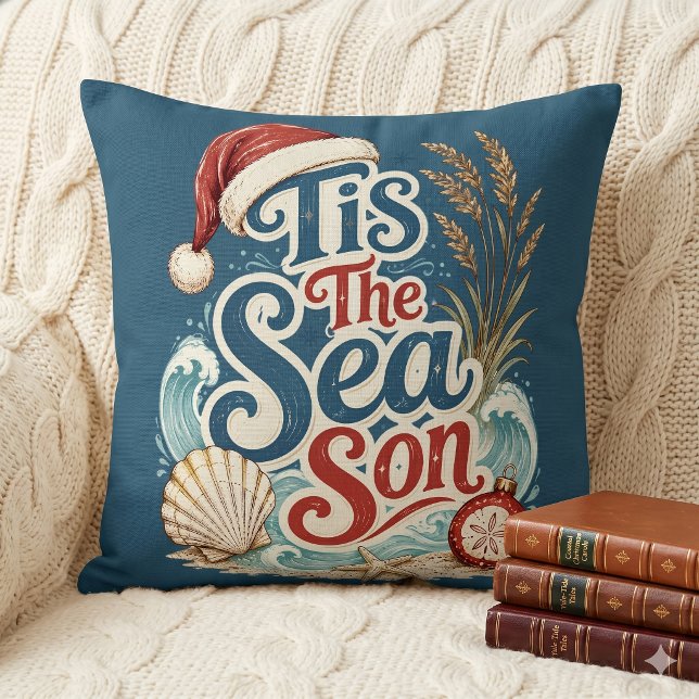 Jul Typografi för Kust Kudde (Coastal Christmas Tis Sea Son Typography Throw Pillow)