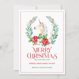 Jul typografi poinsettia & enhörning krans julkort