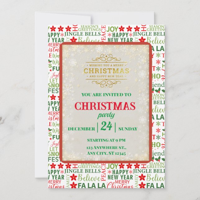 Jul typografi Röd & Grön Sömlös Mönster Inbjudningar (Framsida)