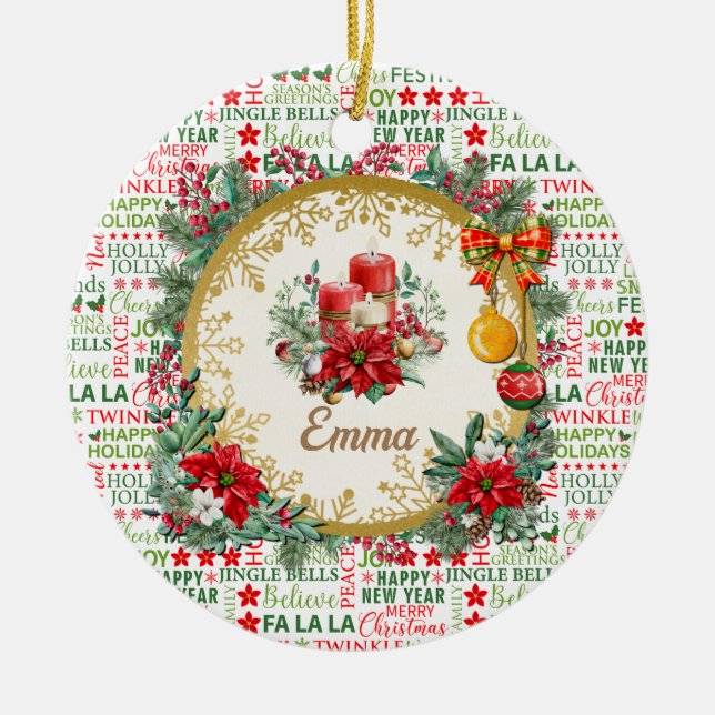 Jul Typografi Röd & Grön Sömlös Mönster Julgransprydnad Keramik (Framsidan)