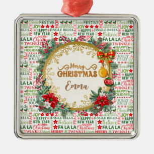 Jul Typografi Röd & Grön Sömlös Mönster Julgransprydnad Metall