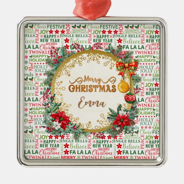 Jul Typografi Röd & Grön Sömlös Mönster Julgransprydnad Metall (Framsidan)