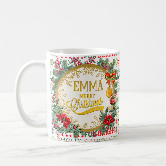 Jul Typografi Röd & Grön Sömlös Mönster Kaffemugg (Vänster)