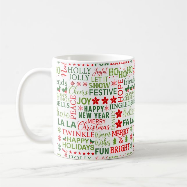 Jul Typografi Röd & Grön Sömlös Mönster Kaffemugg (Vänster)