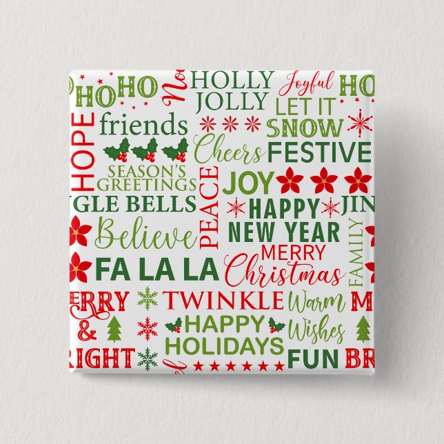 Jul Typografi Röd & Grön Sömlös Mönster Knapp (Framsida)
