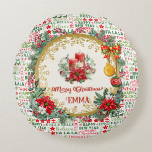 Jul Typografi Röd & Grön Sömlös Mönster Rund Kudde