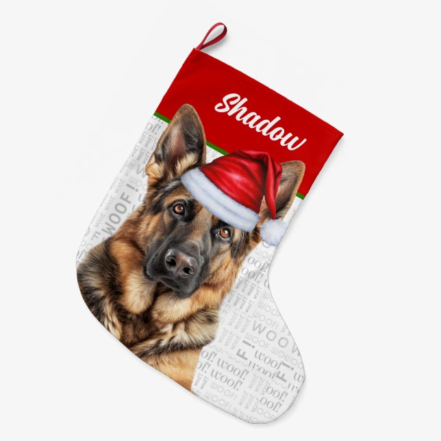 Jul tysk shepherd med hundens namn stor julstrumpa (Framsidan (Hängande))