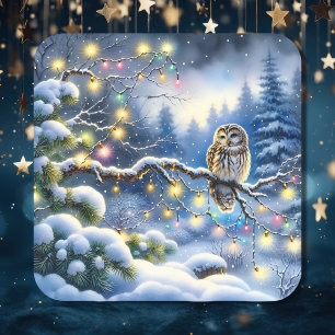 Jul Uggla i Magic Winter Forest Fyrkantigt Klistermärke