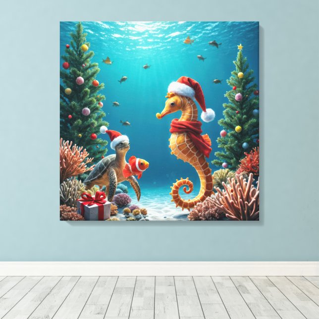 Jul under vattnet Havshäst och Sköldpadda Canvastryck (Insitu (trägolv))