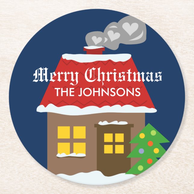 Jul-underlägg med söt vinterstuga underlägg papper rund (Framsidan)