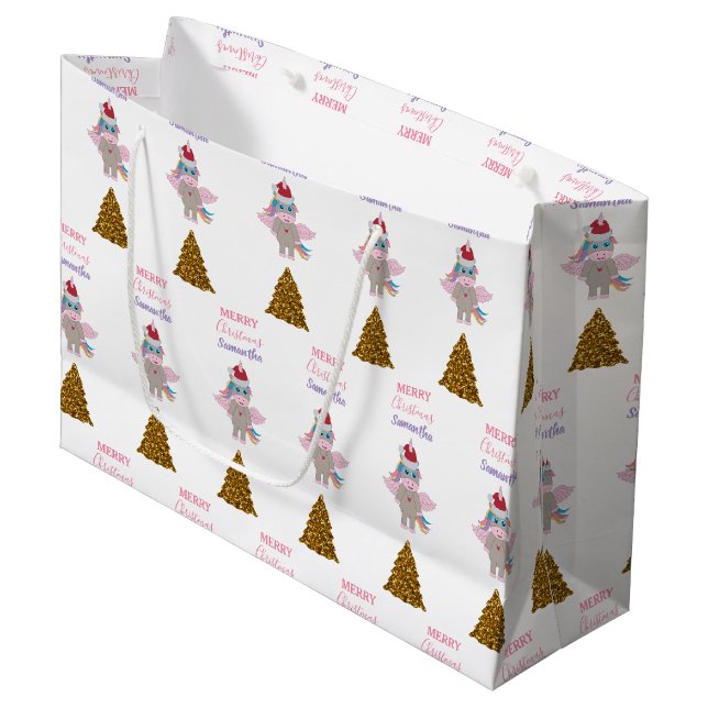 Jul Unicorn Santa Hat Guld Glitter Julafton Träd (Framsidan Vinklad)