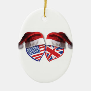 Jul USA och UK-flaggahjärtor med Santa hattar Julgransprydnad Keramik