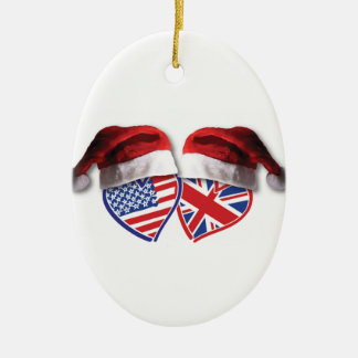 Jul USA och UK-flaggahjärtor med Santa hattar Julgransprydnad Keramik