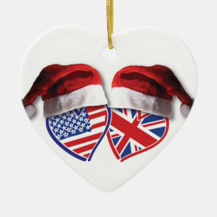 Jul USA och UK-flaggahjärtor med Santa hattar Julgransprydnad Keramik