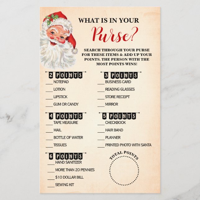 Jul Vad är det i ditt Purse Santa Game Card? Flygblad (Framsidan)