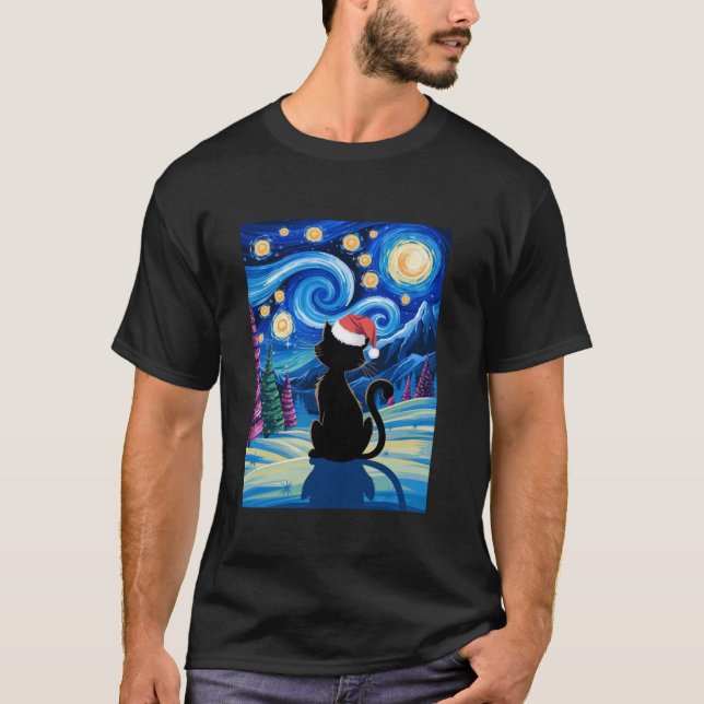 Jul Van Gogh Cat Starry Night Black Cat Sant T Shirt (Framsida)